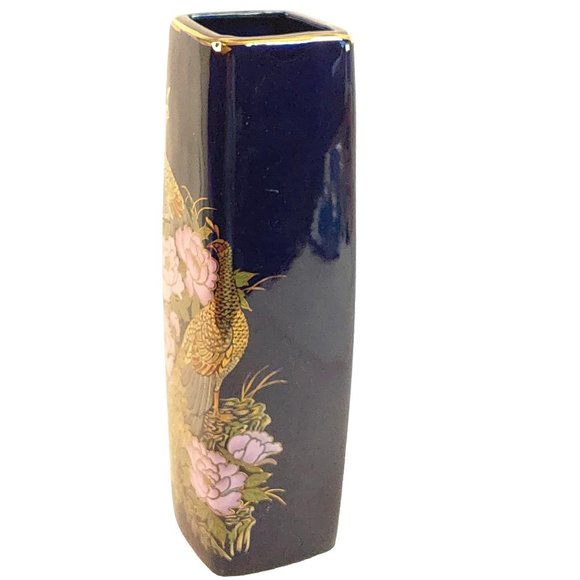 Asian Style Vase Peacock Pink Peonies Cobalt Blue Bright Gold Gilding Vintage 9" - Picture 4 of 11